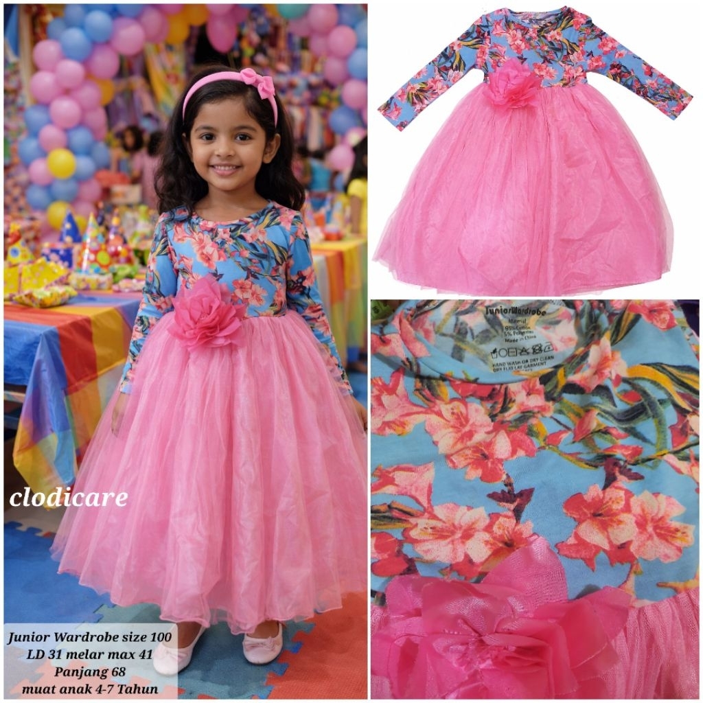 JW Dress Flower Bunga Pink Biru 4 5 6 7 Tahun Import Gaun Gamis Rok Tutu Tile Panjang