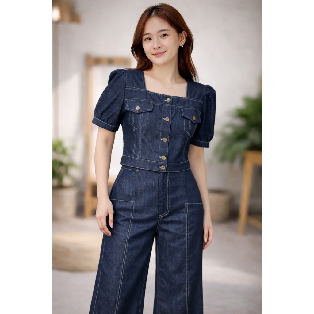 Domscorner Gouttee Set One Set Denim Wanita Baju Crop Top Jeans Celana Panjang Denim Premium Indigo 