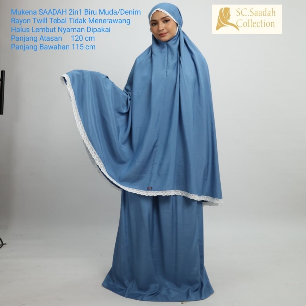 Mukena SAADAH 2in1 Warna Biru Muda/Denim Bahan Rayon Twill Tebal Tidak Menerawang,Halus, Lembut, Ade