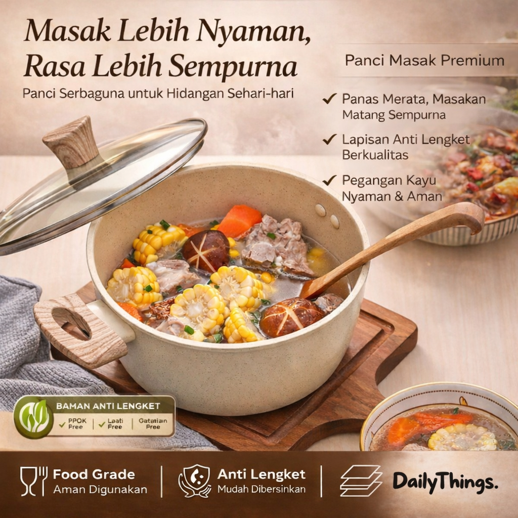 DailyThings Milk Pot Panci Susu Soup 24cm Aluminium Alloy Anti Lengket dengan Tutup Kaca Gagang Kayu