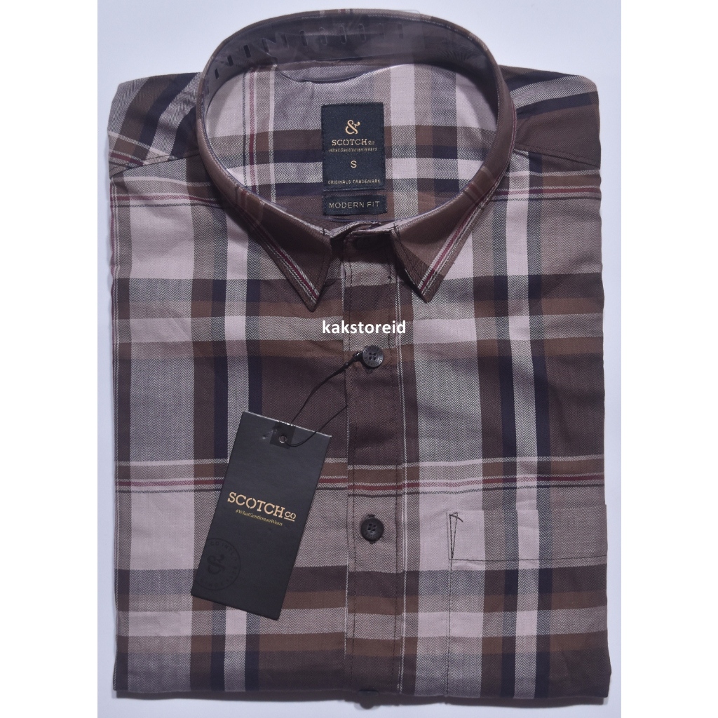 Kemeja Pria Coklat Khaki Garis Kotak Casual SCOTCH & CO Lengan Pendek Bahan Adem Murah Banget Modern