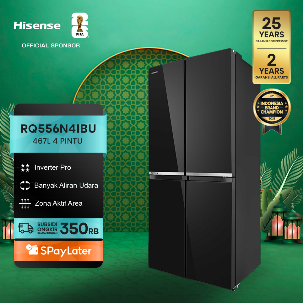 Hisense Kulkas RQ556N4IBU Refrigerator 4 Pintu Kapasitas 467L Warna Hitam Inverter Pro 360 Derajat M