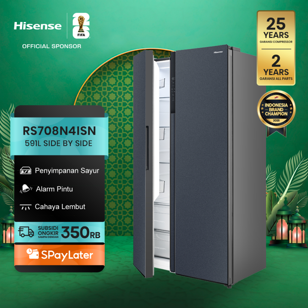Hisense Kulkas RS708N4ISN Refrigerator Side By Side Kapasitas 591L Warna Silver Inverter Tanpa Bunga