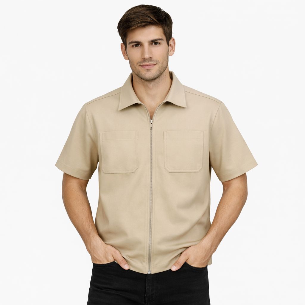 Kemeja Kerja Workshirt Hitam Lengan Pendek – Model Zipper PremiumWorkshirt Pria Hitam Casual Lengan 