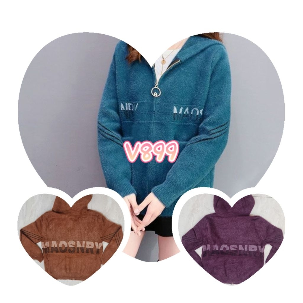 Jaket Hoodie Sweather Rajut Bulu Topi Zipper V899