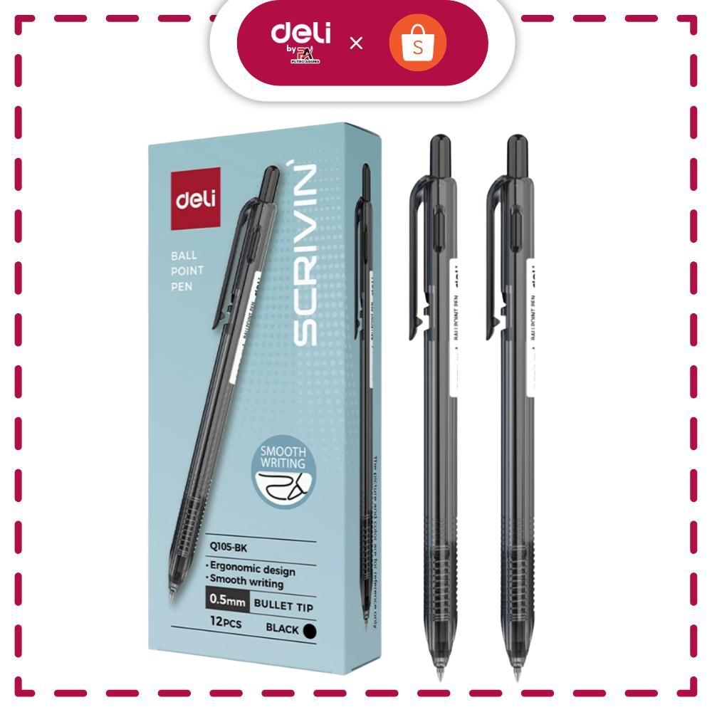 DELI EQ105-BK Ballpoint Hitam 0.5mm /Pcs Pulpen Deli Original Tinta Halus