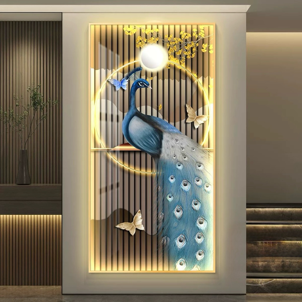 KOKOPAINTING Lukisan Porcelain Diamond 5D Kristal LED Motif Burung Merak / Lukisan Burung Merak Hias