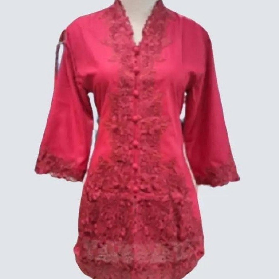Kebaya Encim Polos Bordir Bahan Katun Premium Ukuran Standar Sampai Jumbo Warna Merah