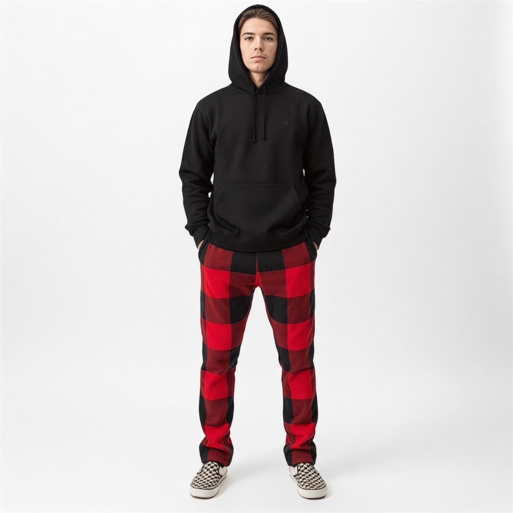 Long Pants Polar Tartan Flanel Kotak Unisex Pria dan Wanita - Merah