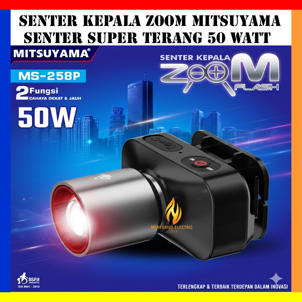 Senter Kepala Zoom Mitsuyama 50 Watt Super Terang / Headlamp Zoom In Out / Senter Kepala Murah
