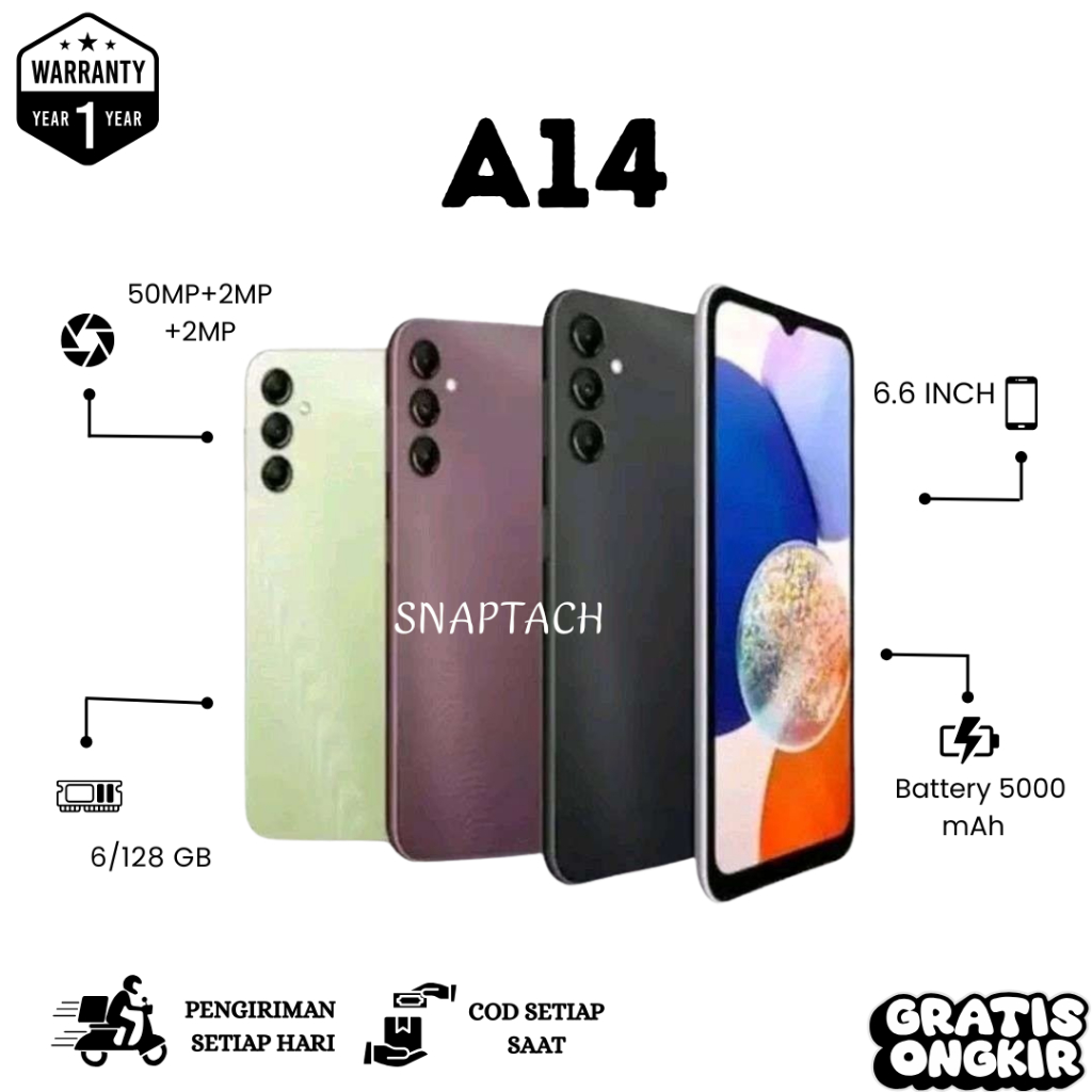 SAMSUNG A14 4G RAM 6/128GB LAYAR 6.6" SMARTPHONE  FULLSET BERGARANSI