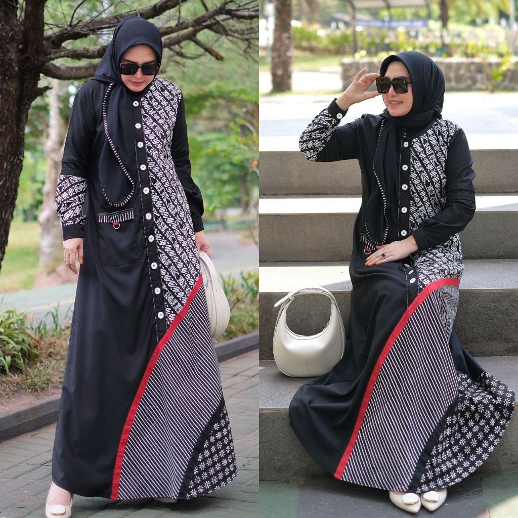 ISYANA PREMIUM DRESS/Gamis Syar'i Batik Cap Kombinasi/Bahan Katun/Busui Friendly/LD 96 104 110 120/P