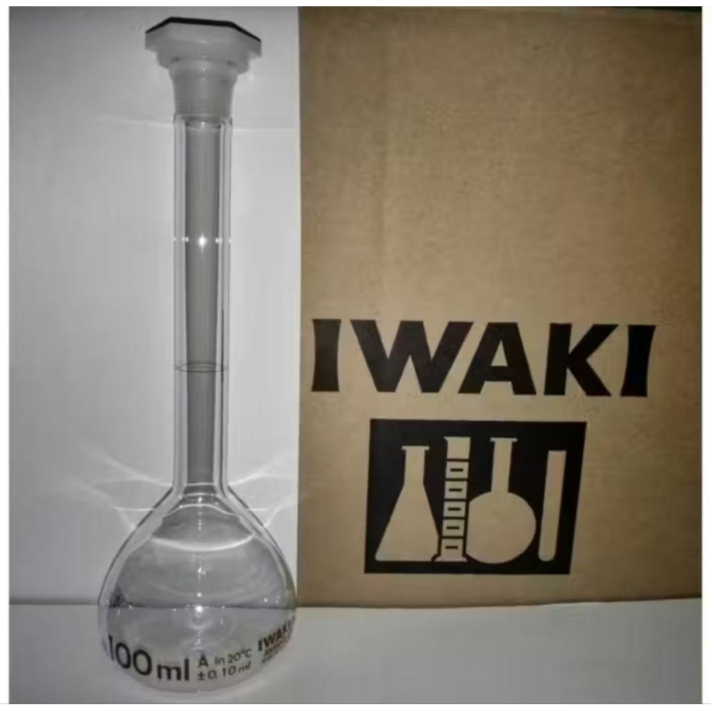 VOLUMETRIC FLASK 100 ML WITH PLASTIK STOPPER IWAKI  LABU UKUR 100 ML IWAKI