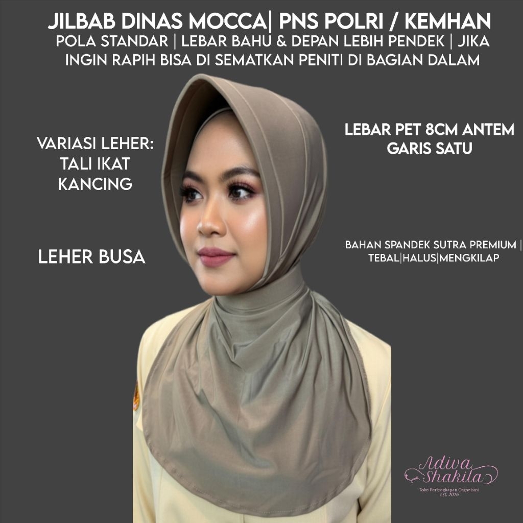 ADIVA - JILBAB DINAS MOCCA PNS POLRI WARNA CELANA / PNS KEMHAN GARIS SATU TANPA LOGO TALI DAN KANCIN