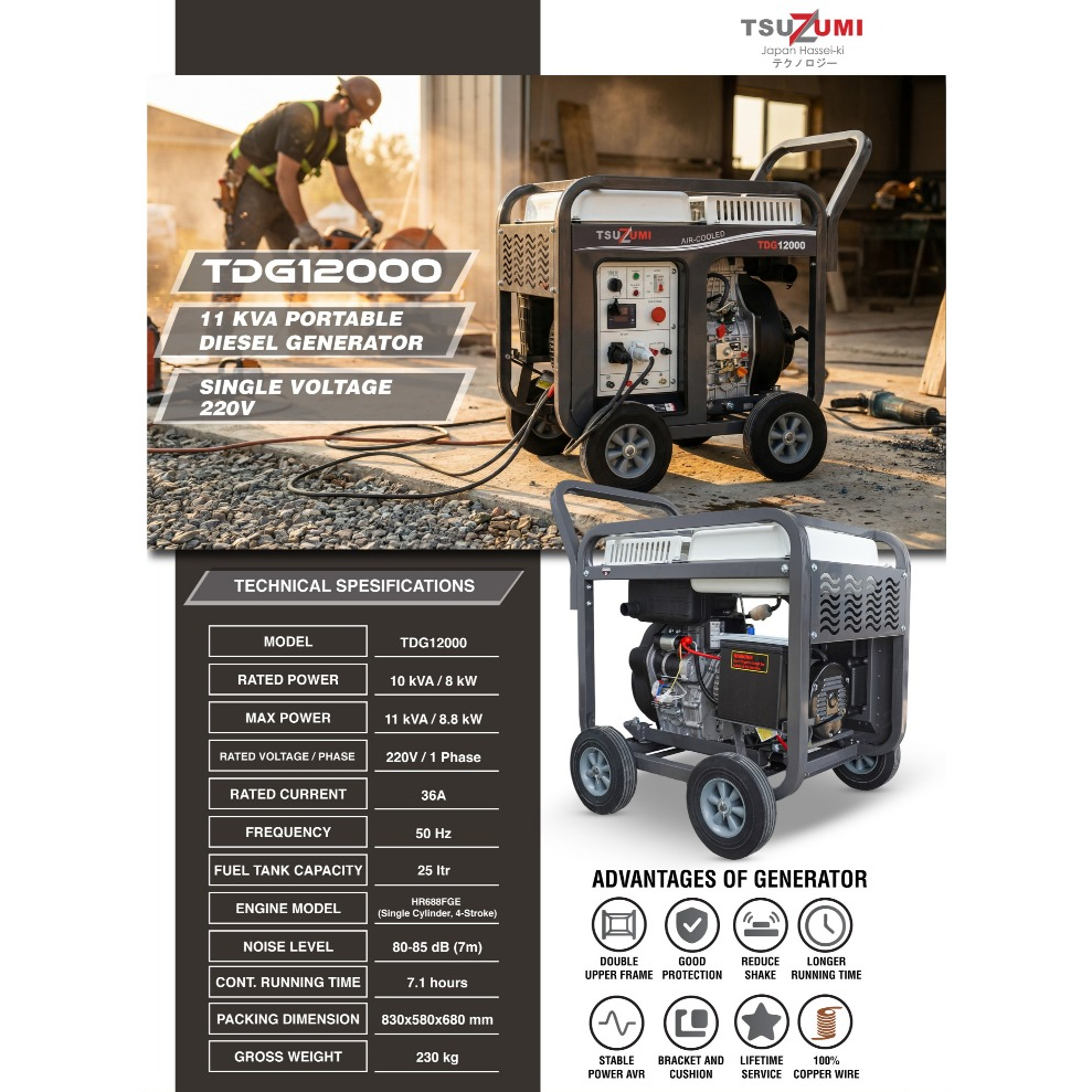 Genset Open Solar 10 Kva 220 Volt Tsuzumi TDG12000