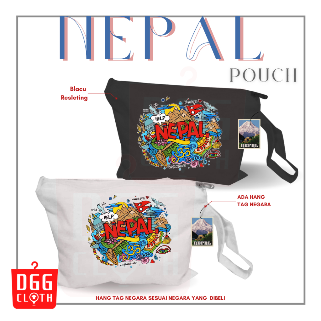 DGGCloth Pouch Souvenir Nepal Sablon Oleh Oleh Nepal Bahan Blacu Premium Dengan Resleting Type 5