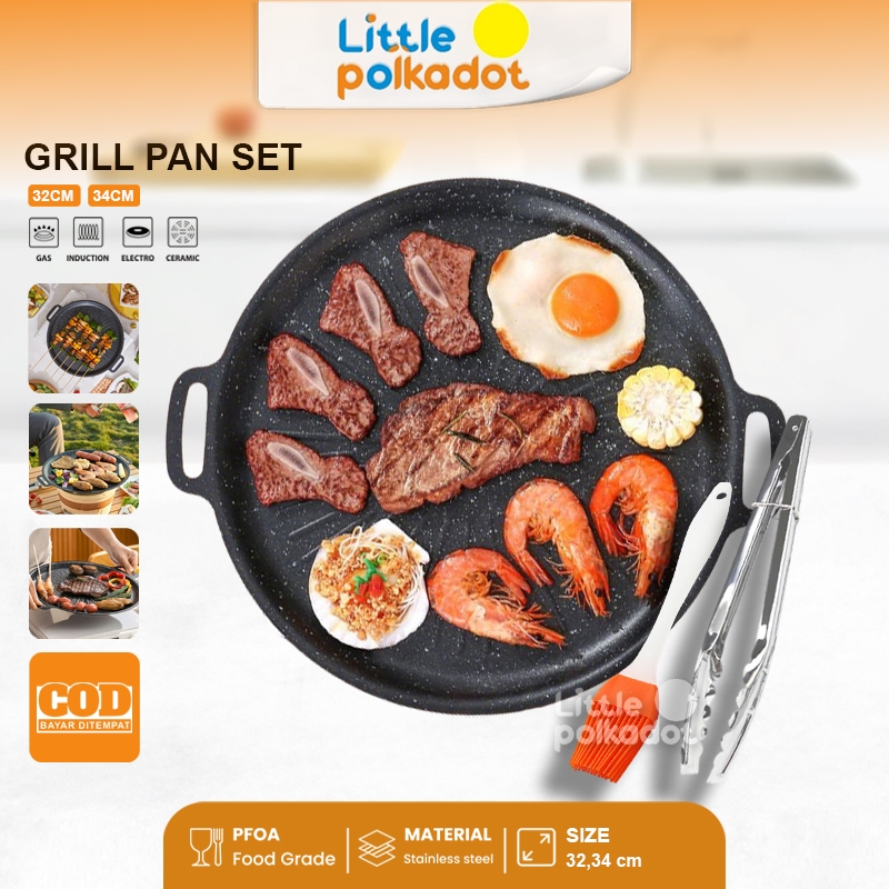 Littlepolkadot 3-in-1 Grill Pan Bulat 32 34 CM Termasuk Kuas BBQ Stainless Steel BBQ Klip Premium Po