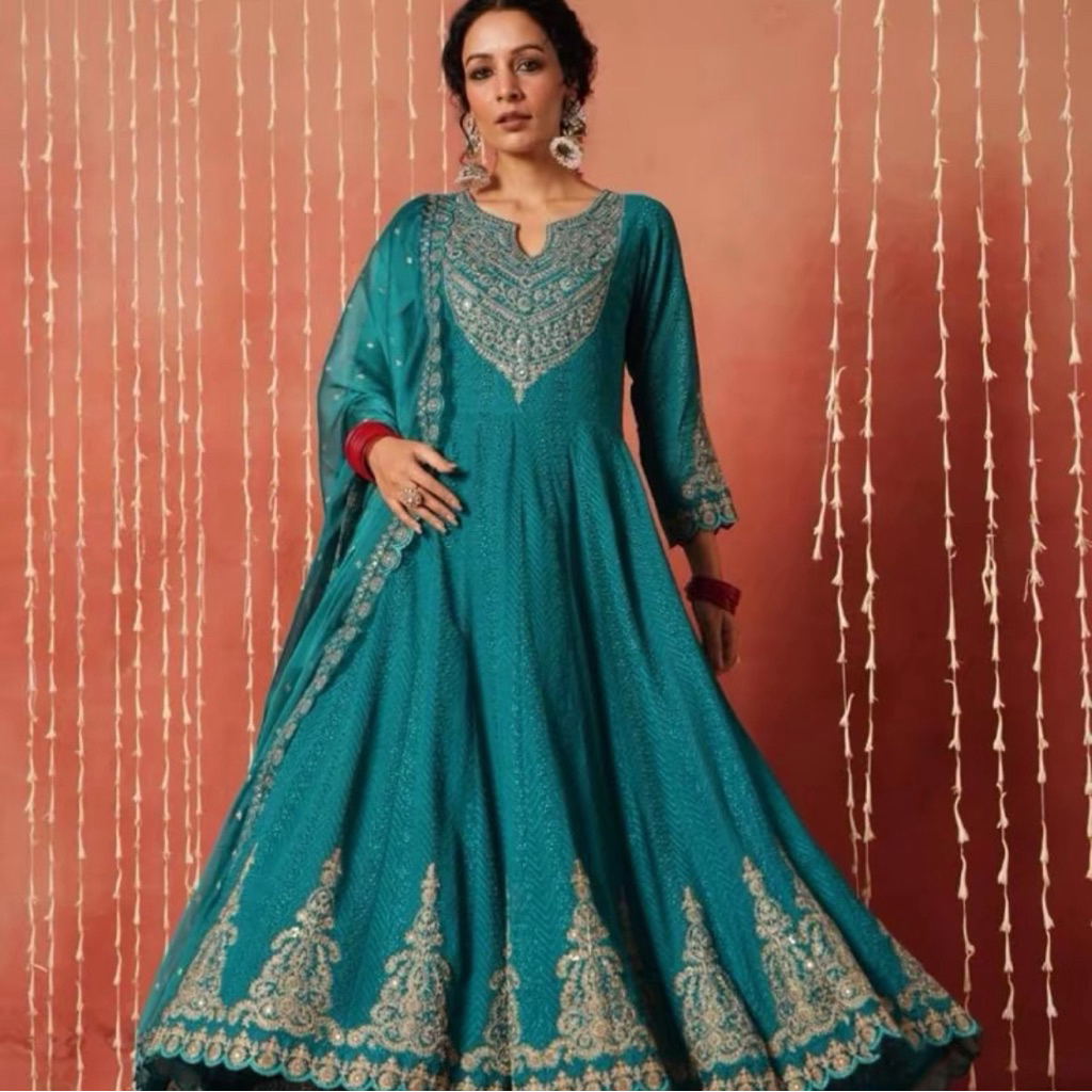 Dress Wanita India Sifon Tosca Bordir Timbul Payet Silver | Maxi Pesta Elegan