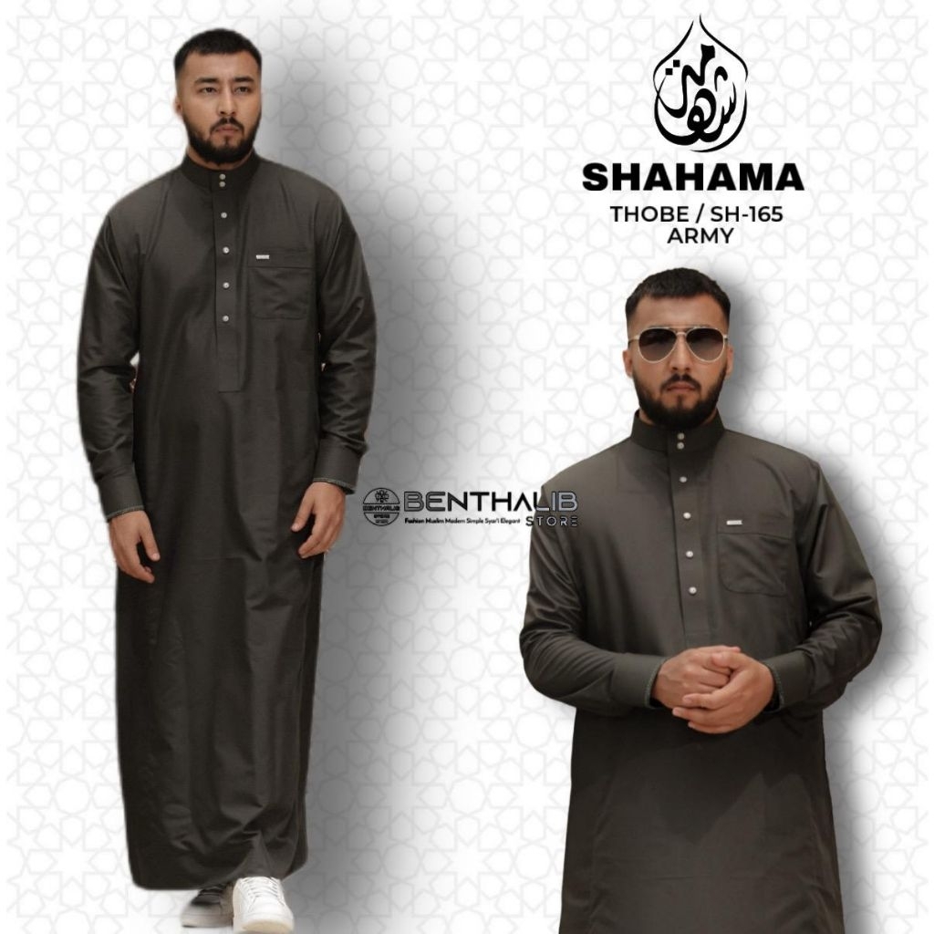 Thobe Shahama SH-165 Hijau Army Exclusive Baju Gamis Jubah Pria Dewasa Slimfit Lengan Panjang Manset