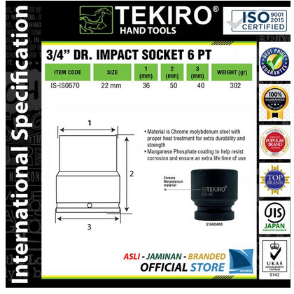TEKIRO Kunci Sok 50 mm  3/4" inch Mata 6 PT - IMPACT Socket TEKIRO