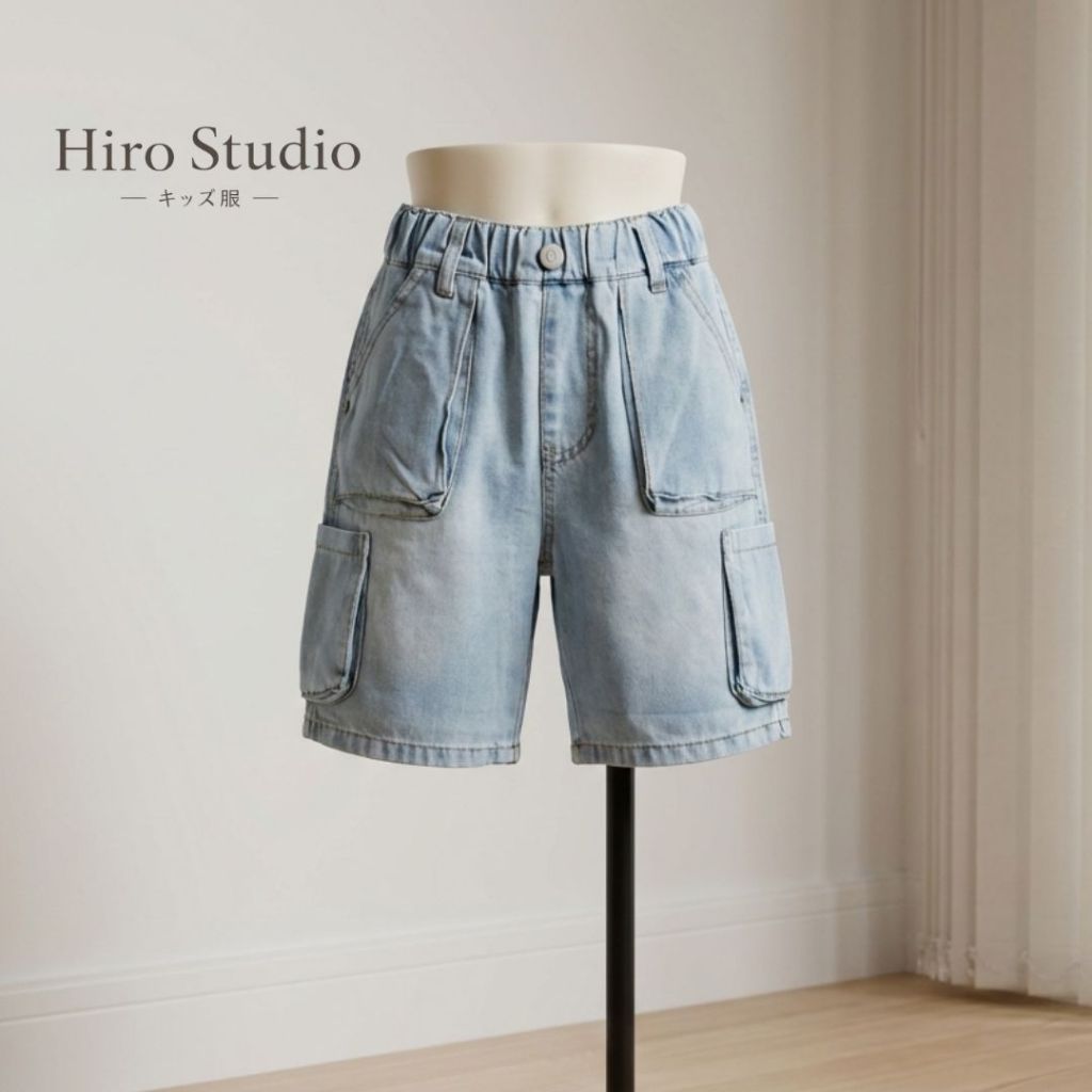 hirostudio - CARGO SHORTS - Celana Pendek Jeans Anak Premium Unisex Cowok Cewek -  JIRO CARGO DENIM 
