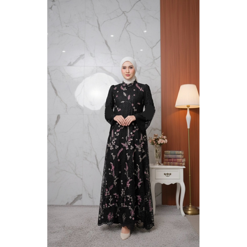LURESSA | Luna raya series | dress Gamis Brokat Hitam Bordir Premium – Dress Muslimah Elegant Lengan