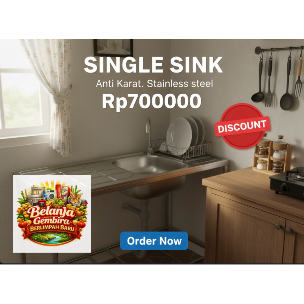 Meja Cuci Piring Stainless 1 Bak 1 Lubang 90x50x70 cm + Keran Afur Rak Bawah | Wastafel Dapur Single