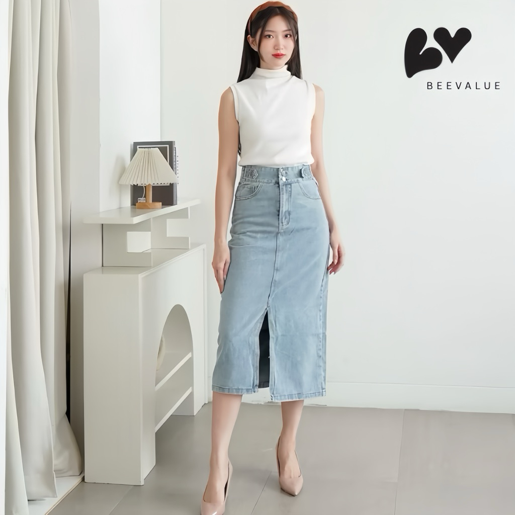 [Beevalue] Midi Split Skirt Rok Jeans Highwaist Dua Kancing Variasi Belt Bahan Premium | Rok Jeans B