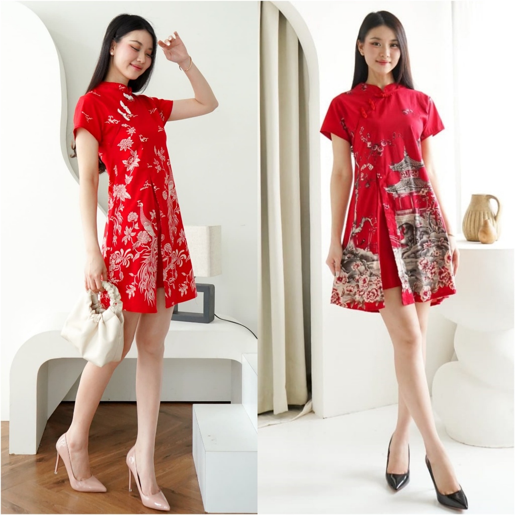Baju imlek batik dress stretch mini cheongsam shanghai merah modern Gaun Remaja Modern