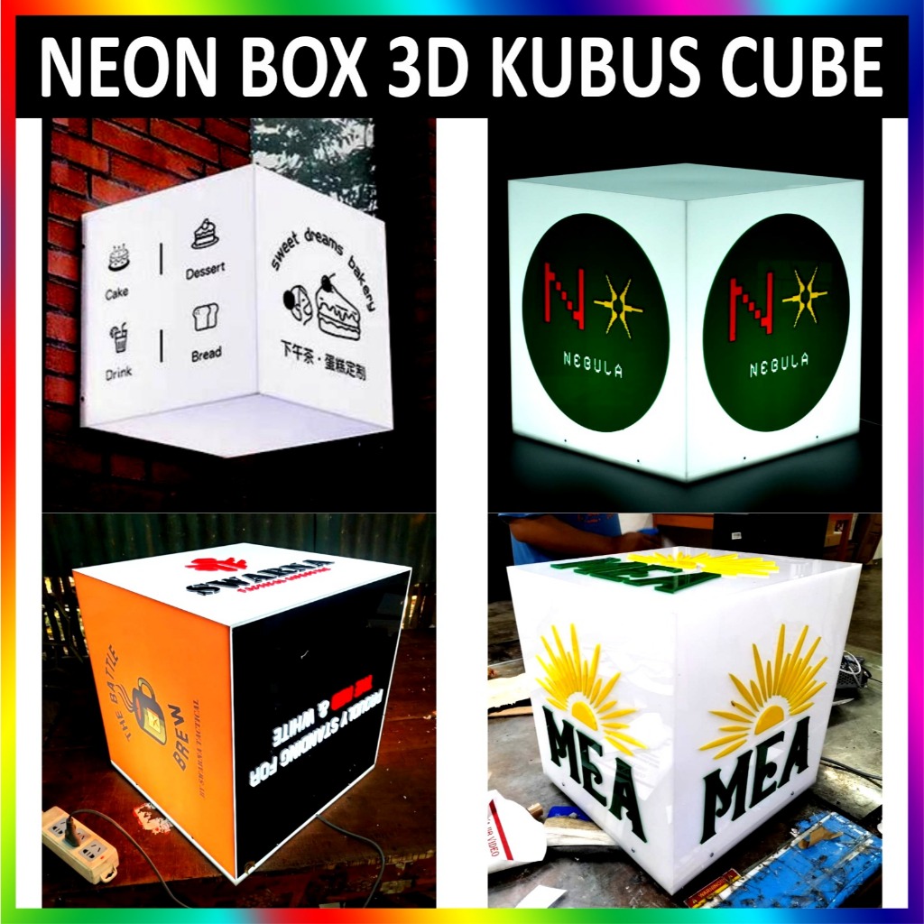 Neon Box 3D Cube Kubus Balok LED Full Acrylic 5 Sisi All Varian Custom