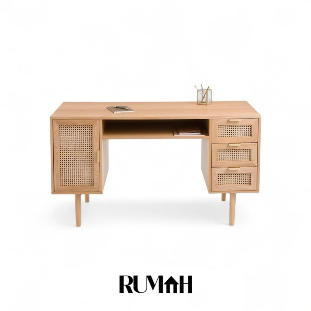 Meja Belajar / Meja Kerja Minimalis Meja Belajar 3 Laci 1 Pintu Kayu Jati 120x50x75