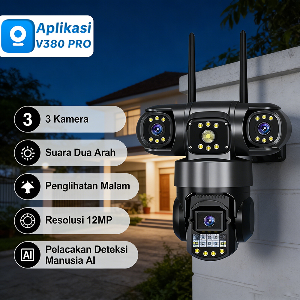 V380 Pro CCTV 3 Lensa Sesungguhnya 4K 12MP OutdoorTahan Air IP66 Penglihatan Malam Berwarna Penuh
