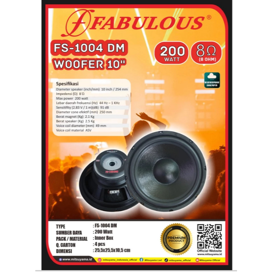 Speaker 10" Subwoofer 200 Watt Fabulous (FS-1004 DM)