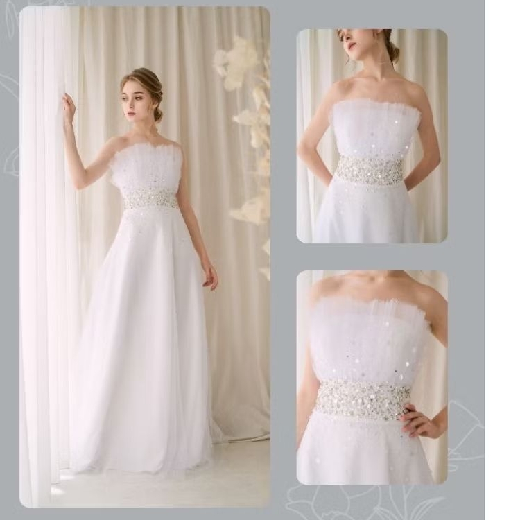Gaun putih cantik simple elegan dengan payet dari bahan premium,gaun pengantin, undangan,prom, bride
