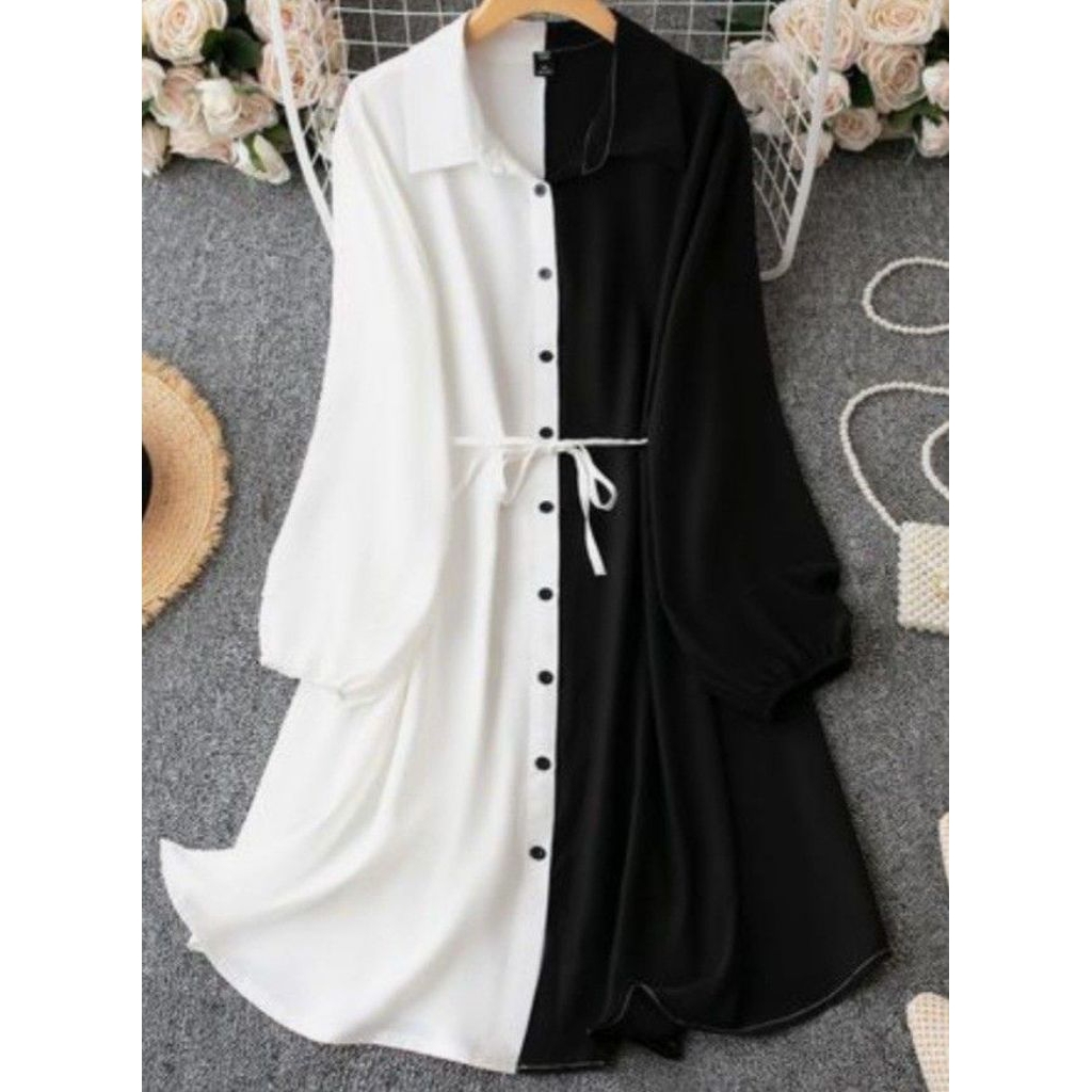 tunik polos kombinasi 2 warna isabela hitam putih