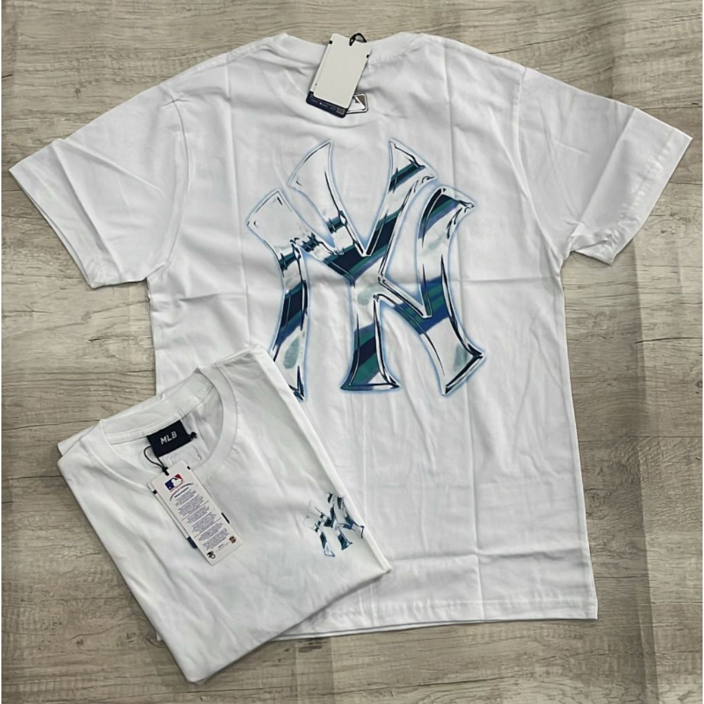 kaos MLB Pria Putih premium 24s dengan Logo NY Biru Muda
