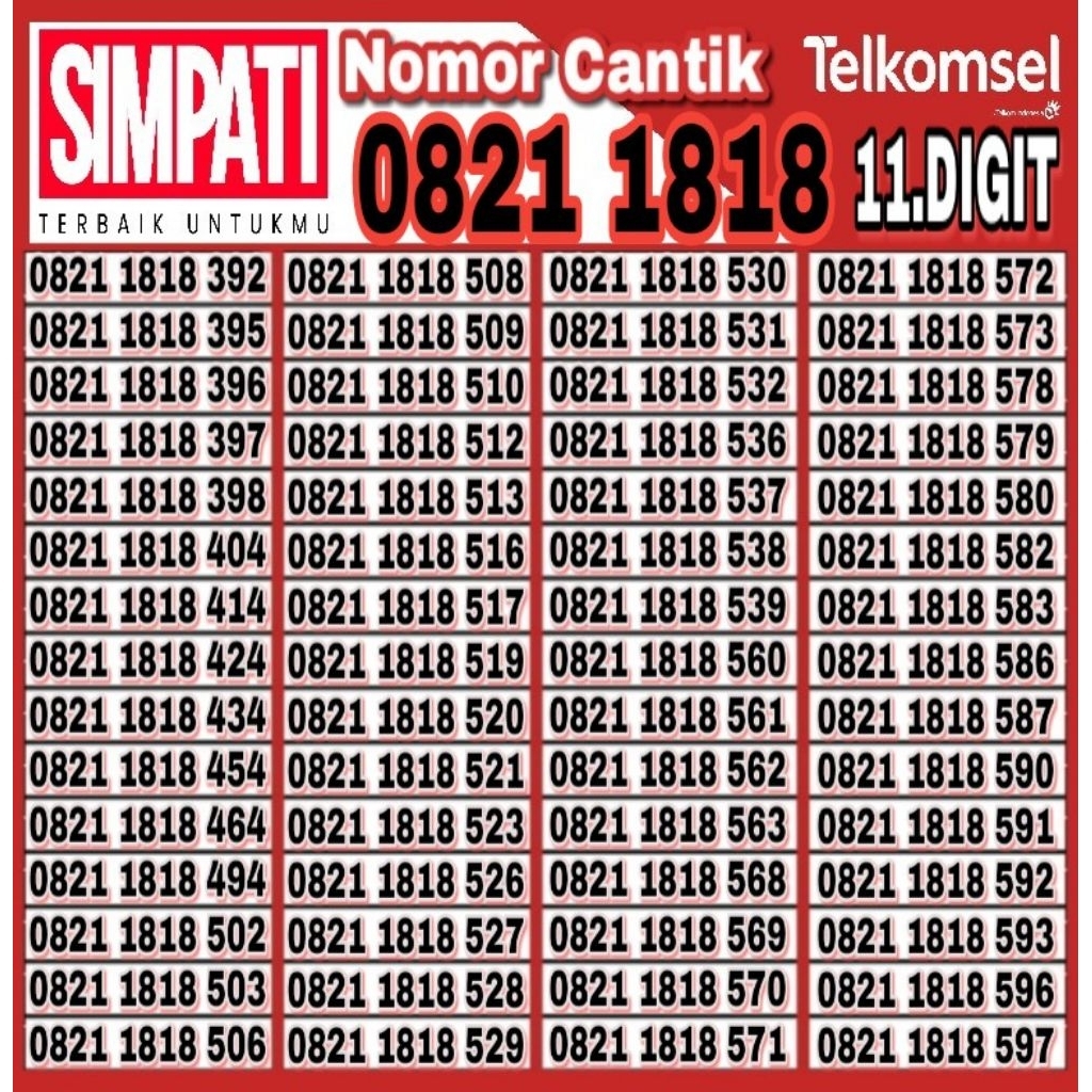 NOMOR CANTIK TELKOMSEL SIMPATI 11 DIGIT 4G 5G 1818 - O821 1818