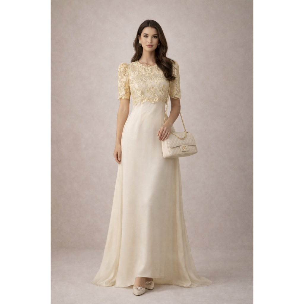 Gaun Pesta Brokat Satin Dress Pesta Satin Maxi Dress Kuning Anggun dan Mewah