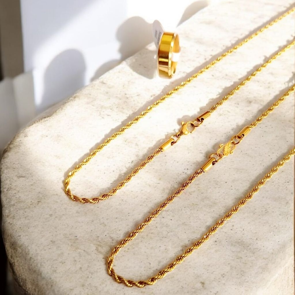 [Gratis Cincin] Kalung Titanium Tambang 2mm Gold Warna Emas Kalung Pria Wanita Stainless Anti Karat