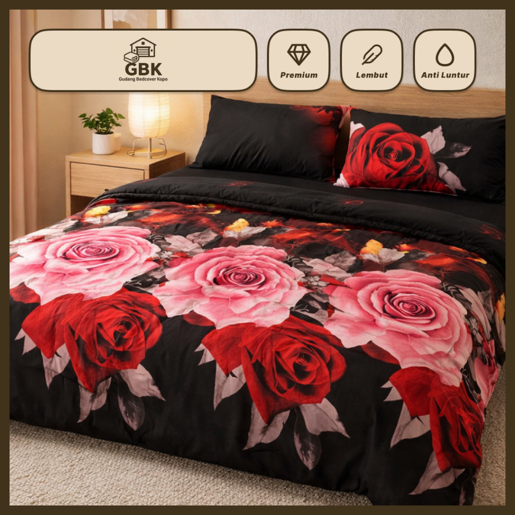 Bedcover 1 Set Sprei 180x200 Sarung Bantal Guling - Motif Bunga - Kupu Mawar - Bed Cover Set Sprei 1