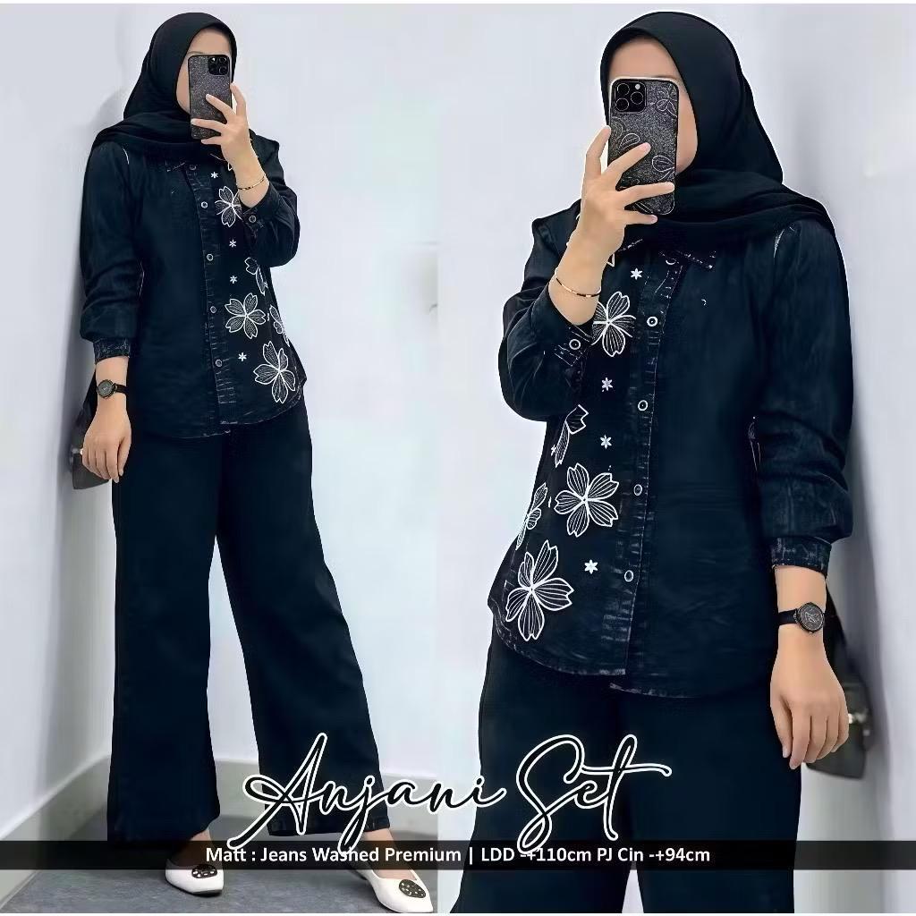 Anjani Set Setelan Full Jeans Bordil Wanita Jumbo, Oneset Jeans Kulot Wanita Terpopuler