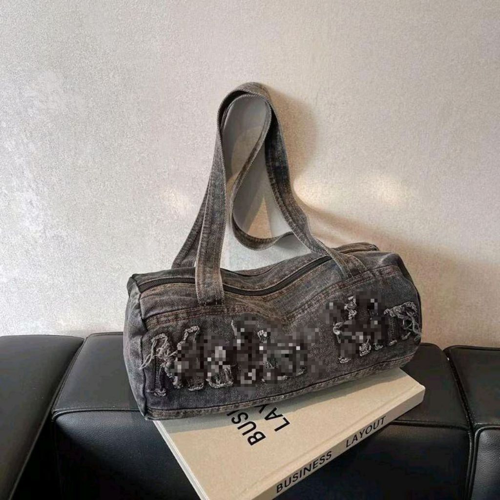 tas bahu wanita bordir denim kanvas