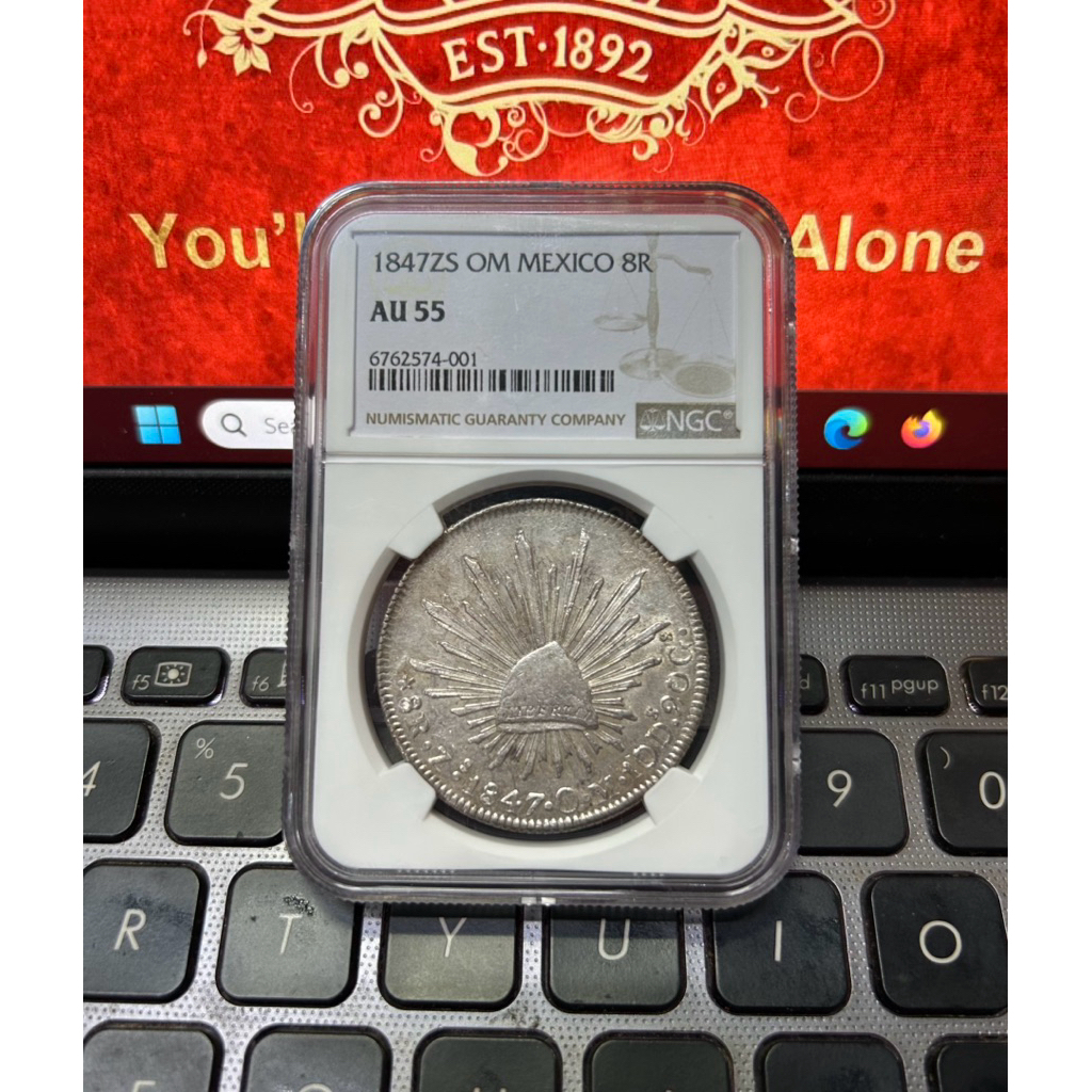 KOIN PERAK SILVER MEXICANA / MEXICO 8 REALES 1847 ZS OM (Thn dan Daerah Langka) Grading NGC AU 55