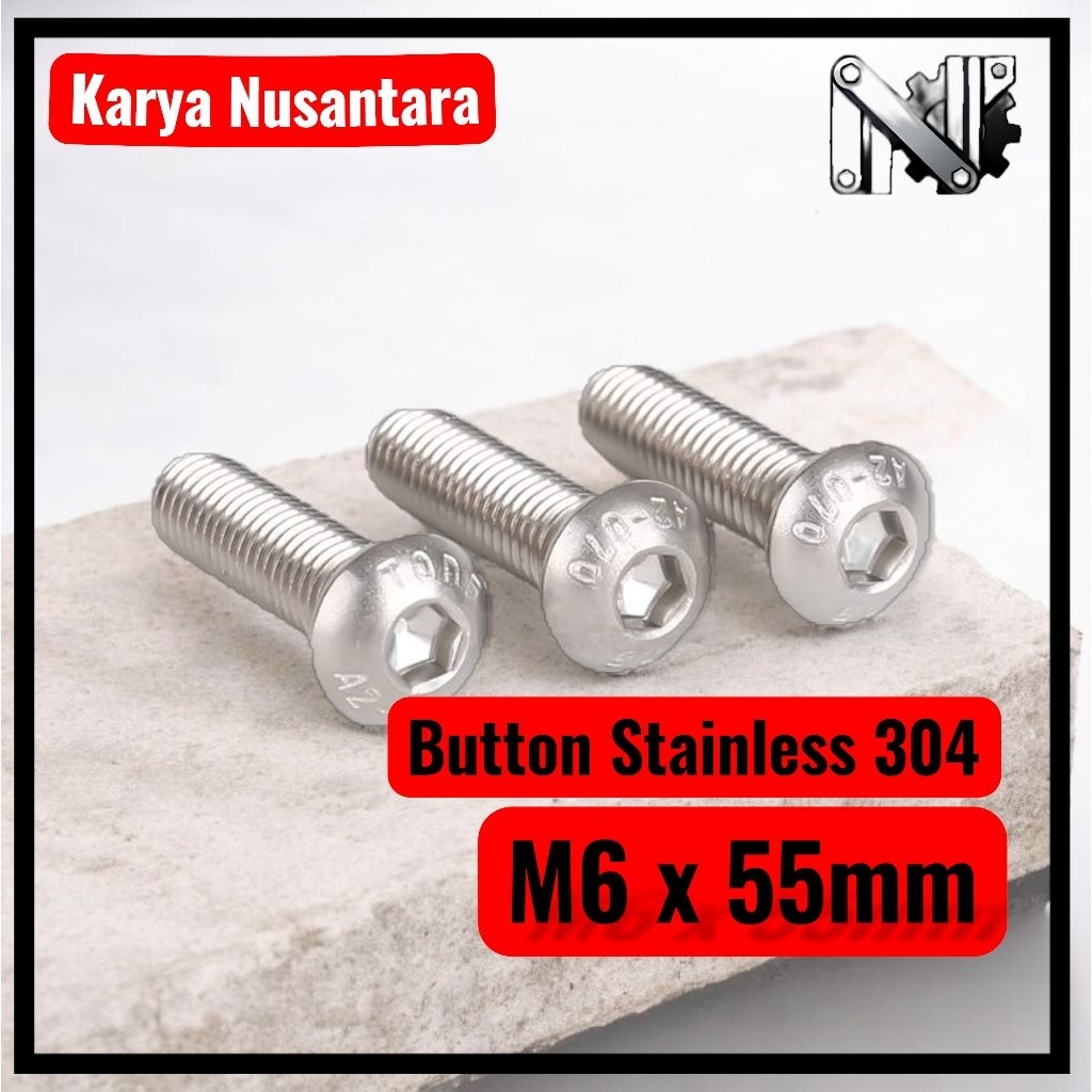 Baut L M6 x 55mm Head Button Stainless 304 / Baut Button L M6 x 55mm stainless