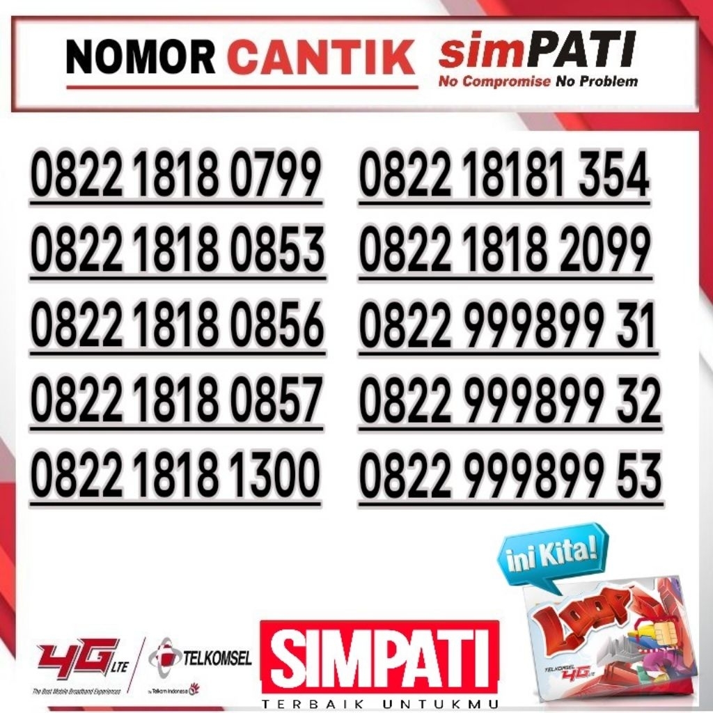 NOMOR CANTIK TELKOMSEL SIMPATI LOOP 4G LTE 1818 - O822 1818