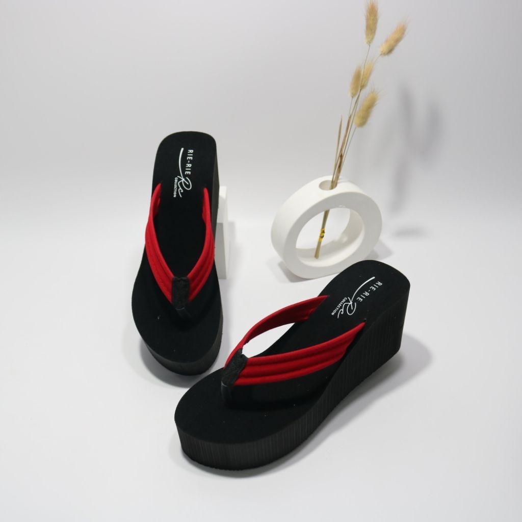 Rierie- Sandal Wedges Jepit Balok Hak Tinggi 9 cm Sendal Wanita Dewasa Cewek Fashion High Heels Spon