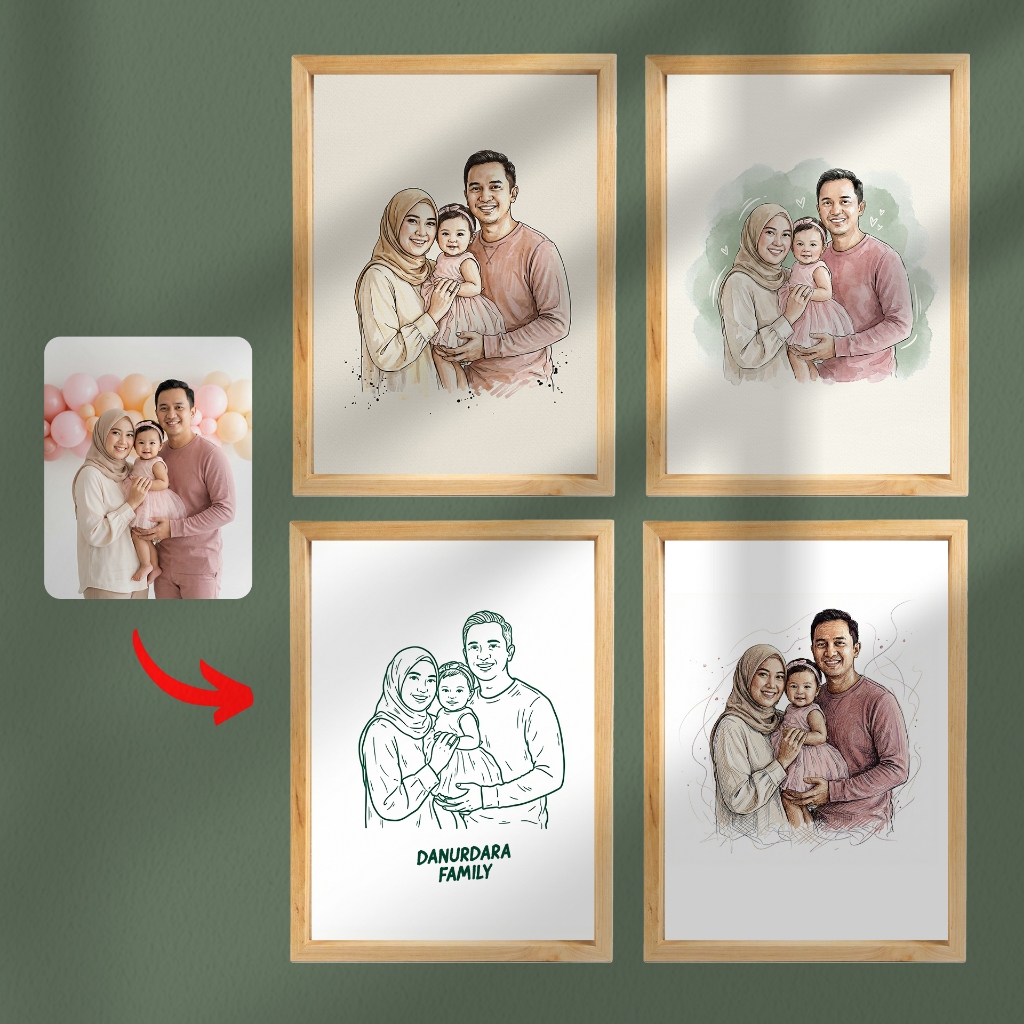 Jasa Edit Foto Jadi Sketsa Wajah Custom Sehari jadi | Cetak & Bingkai Kayu Premium | Kado Wisuda, Va