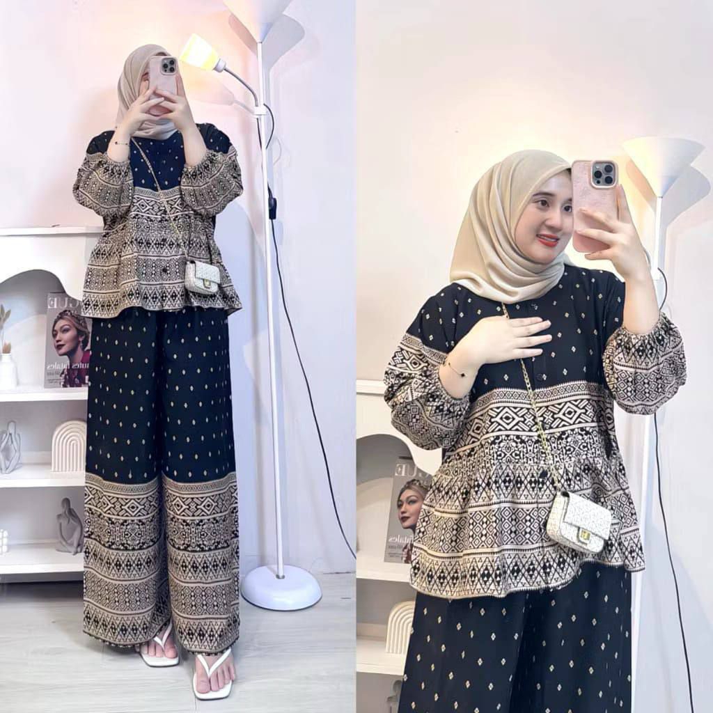 Rafella Set Rayon Rempel-One Set Rayon Rempel Setelan Wanita Kekinian Model Kancing Dan Resleting Se