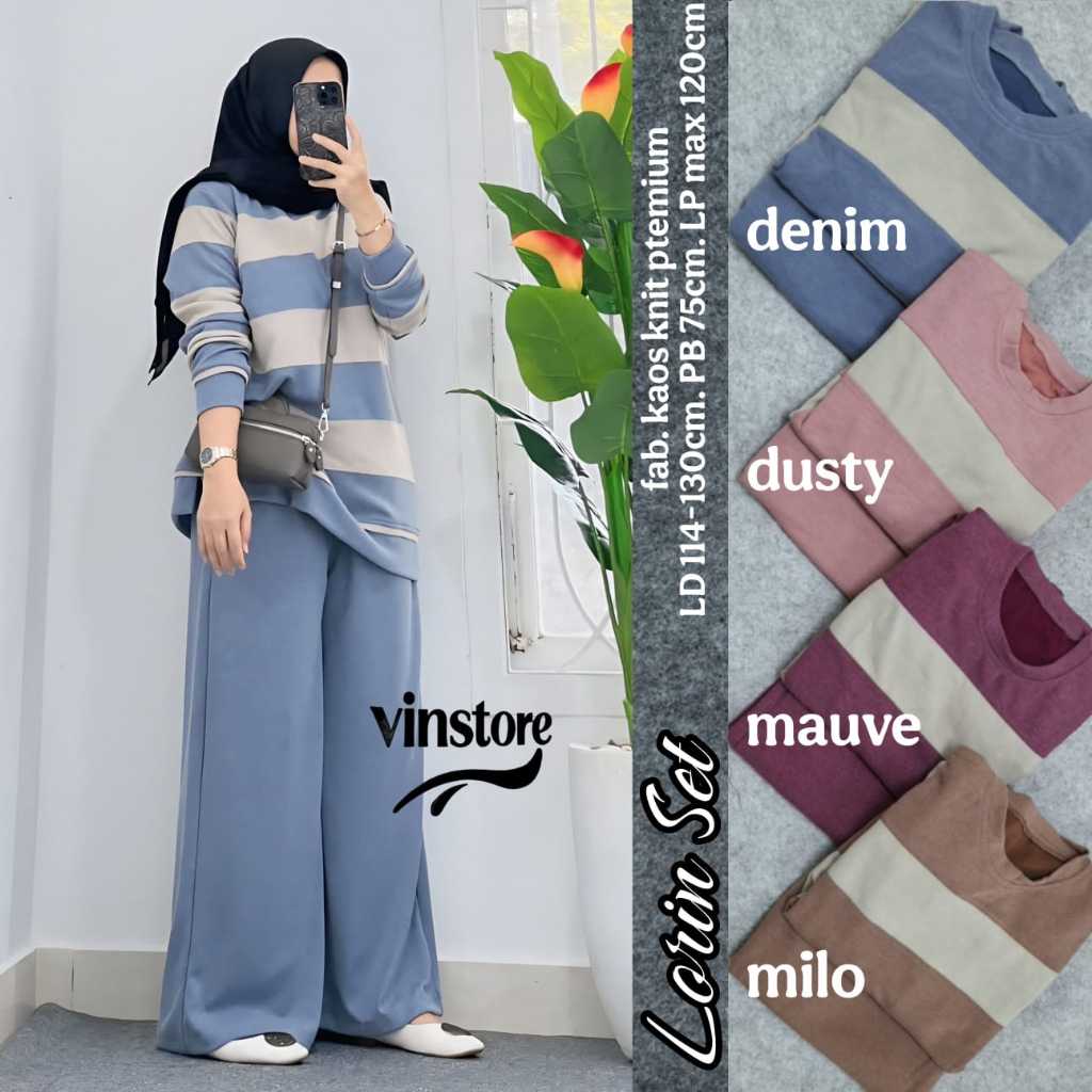 lorin setelan wanita atasan dan celana bahan knit ld 114-130