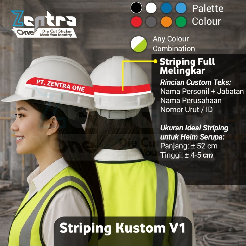 Stiker striping Helm Industri / Proyek Custom Cutting Reflektif + K3 + Nama Samping